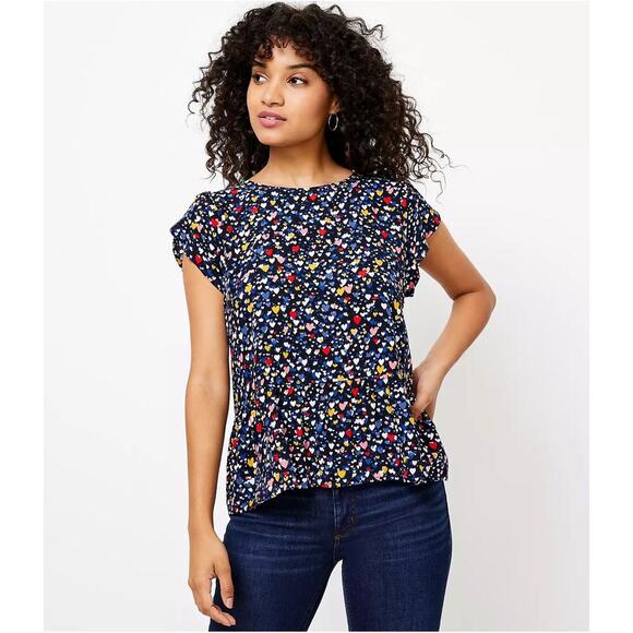 Loft Valentines Heart Short Tulip Sleeve 100% Viscose Blouse Size Small - Picture 1 of 5